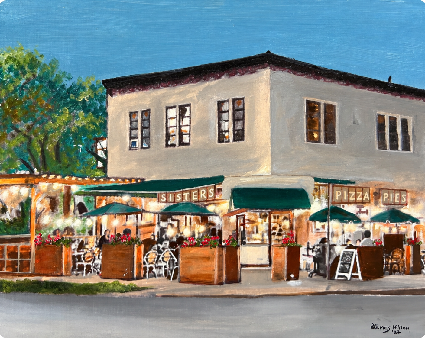 A painted view of Sisters Pizza, with green umbrellas and a flower-filled patio on Fourth Avenue.